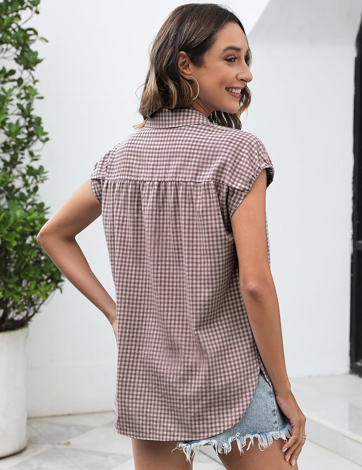 Blusa informal de manga corta a cuadros para mujer, con solapa, material: algodón y poliéster.