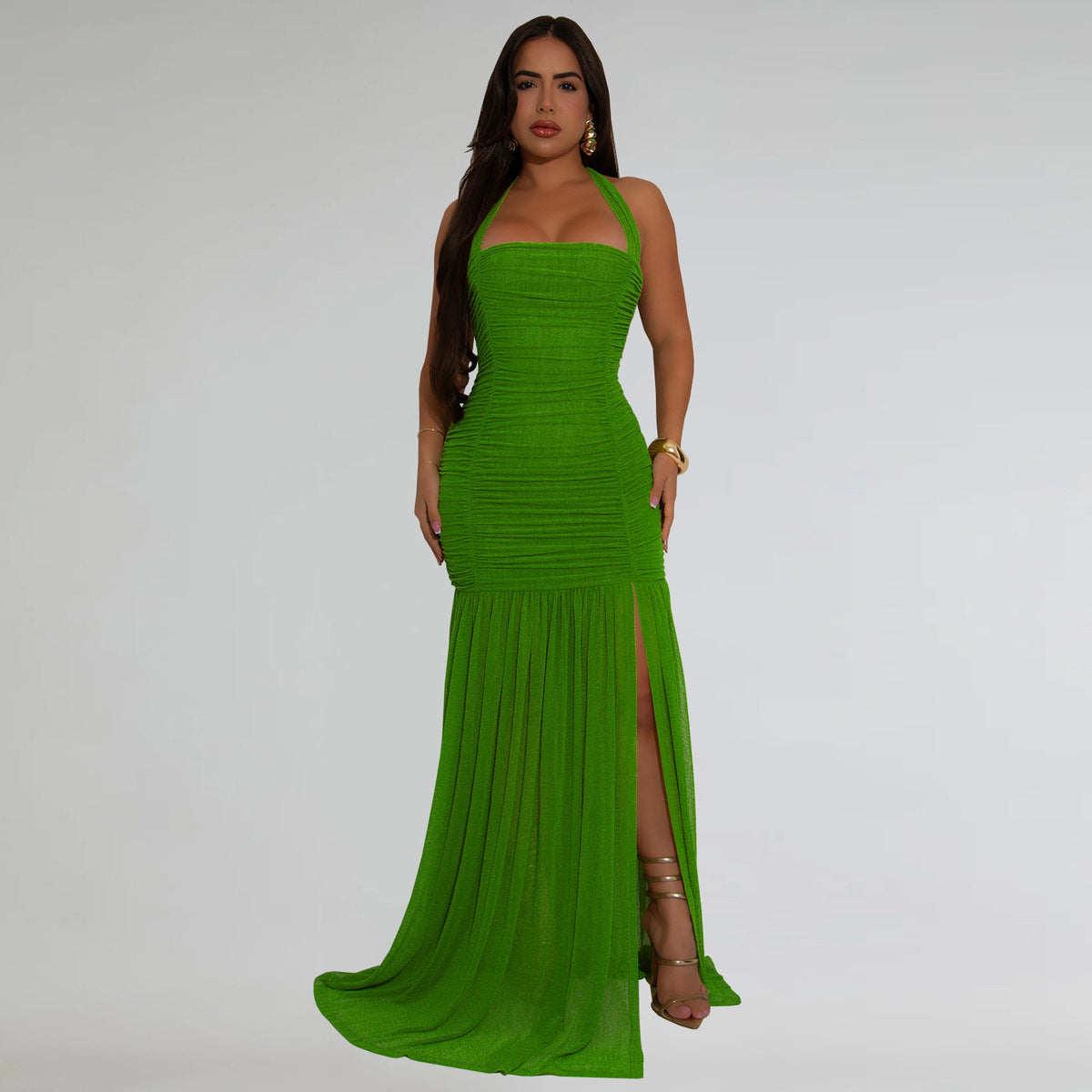 Robe élégante à dos nu plissée en maille de couleur unie pour femme