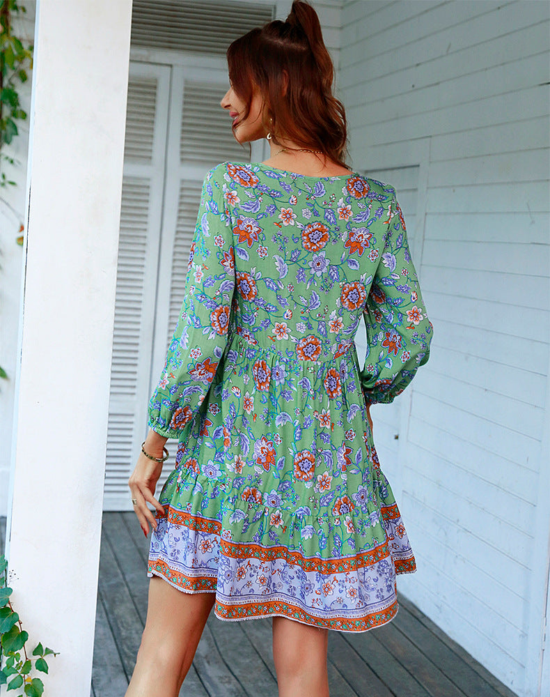 Vestido informal de vacaciones para mujer con cuello en V y manga larga