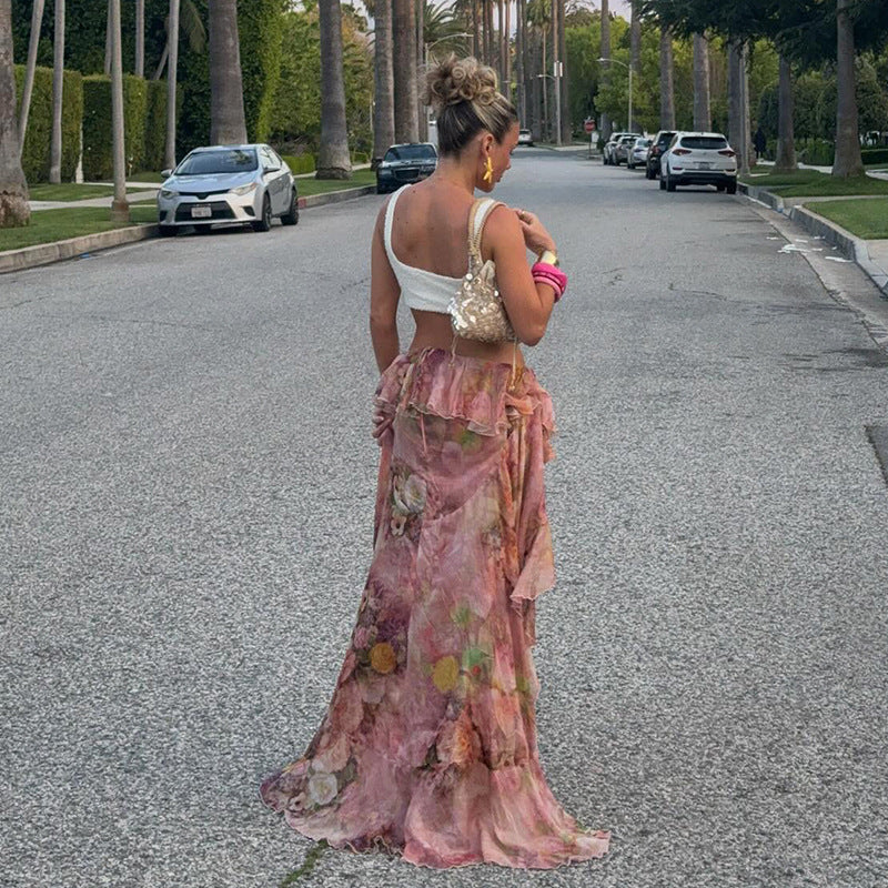 Falda con volantes y estampado floral para mujer, sexy, de vacaciones
