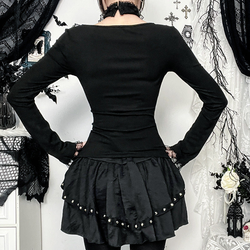Women Fashion Gothic Lace Splicing Long-Sleeve T-Shirt