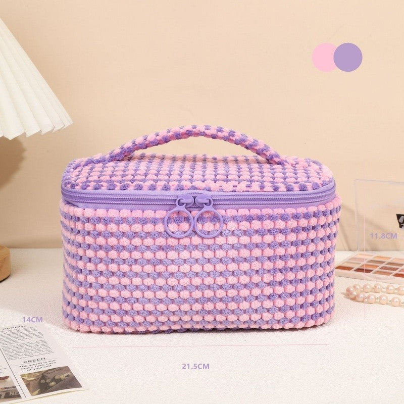 Fleece Plaid Cute Flip Wash Cosmetic Bag