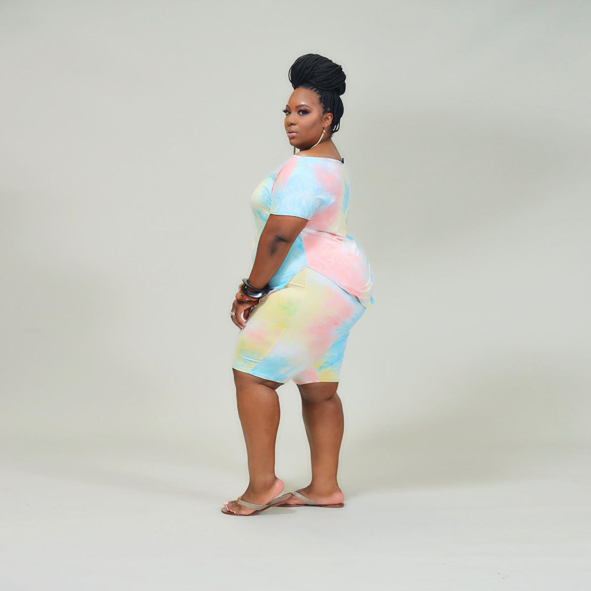 Women Casual Plus Size Tie-Dye Short-Sleeve T-Shirt Tight Shorts Two-Piece Set