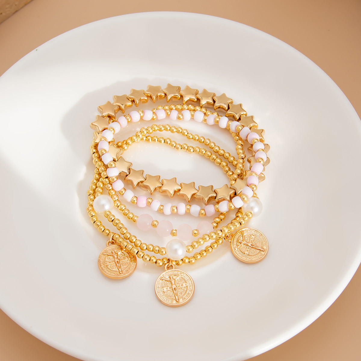 Women Fashion Beaded Star Pearl Multilayer Bracelet with Tassel