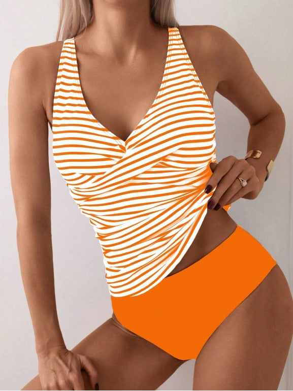 Maillot de bain tankini à rayures et col en V pour femme
