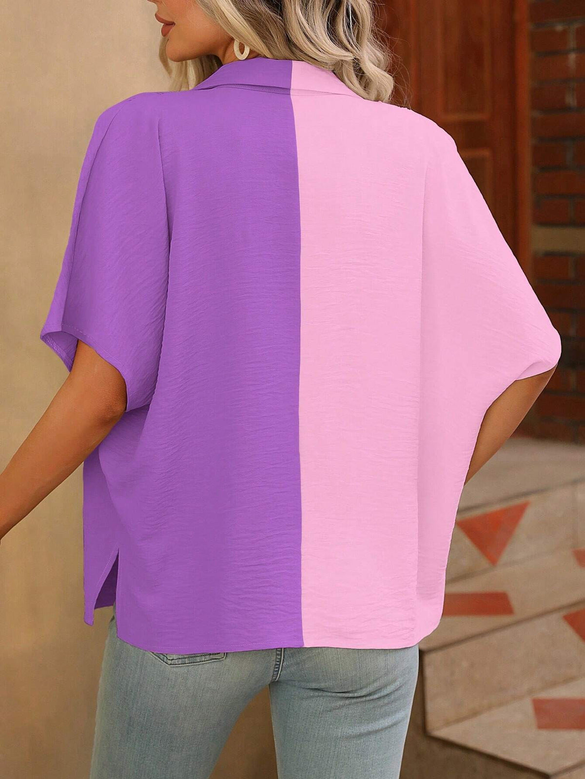 Women Fashion Casual Color Block Blouse