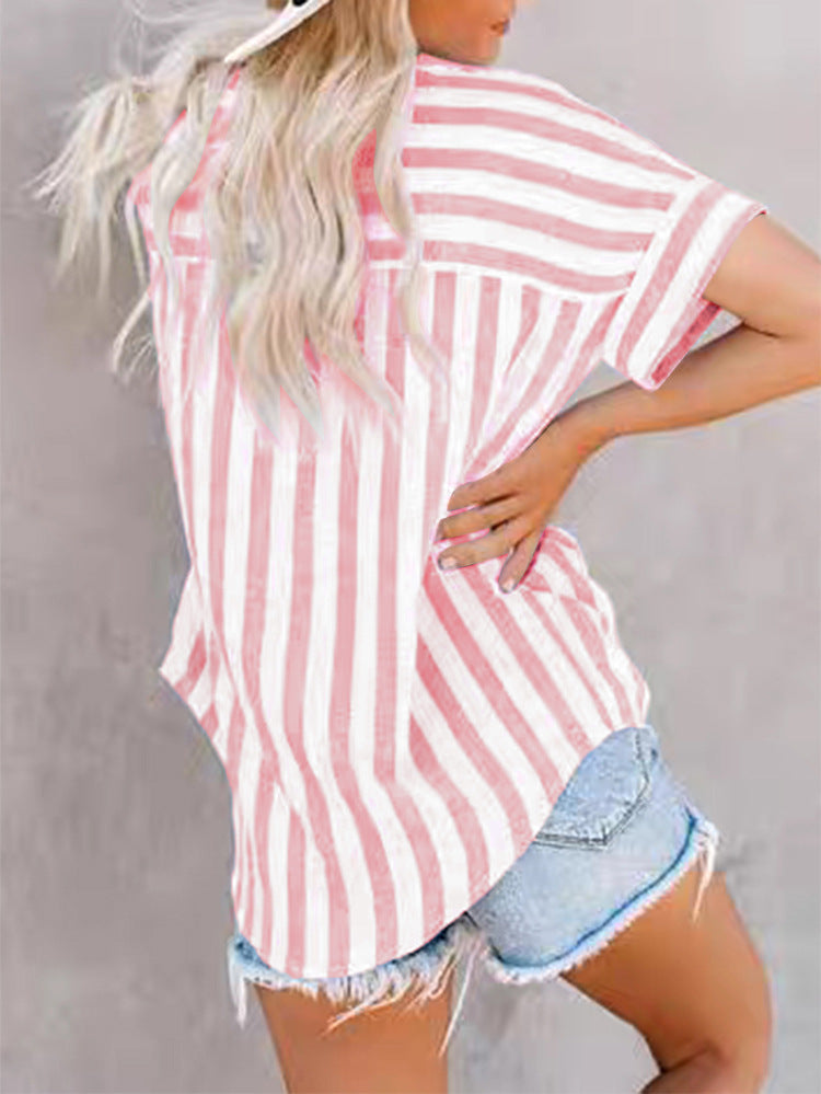 Blusa informal de manga corta con estampado de rayas y solapa para mujer