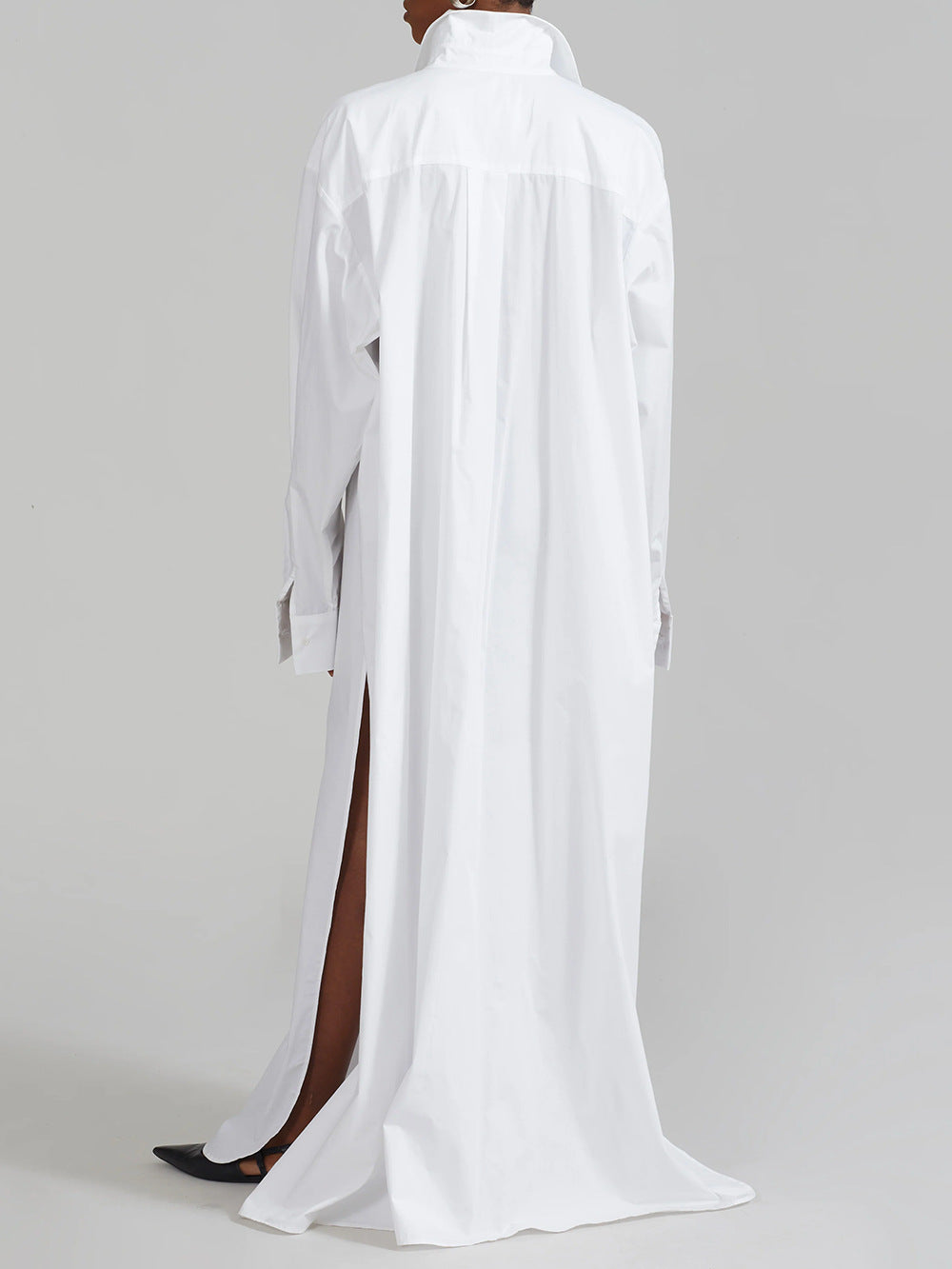 Vestido camisero informal de manga larga con solapa y abertura en color liso para mujer