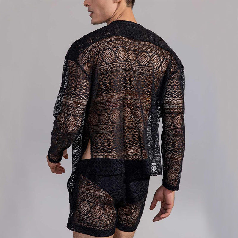 Ensemble deux pièces décontracté à manches longues et chemisier creux en coton pour homme
