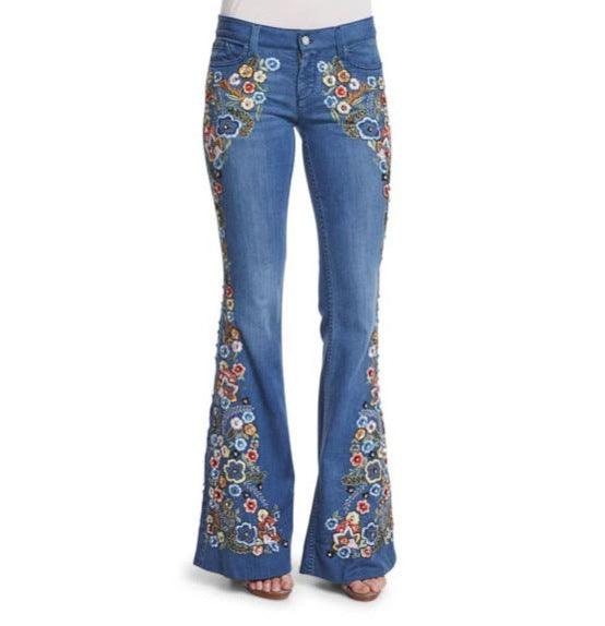Women Fashion Retro Floral Embroidered Flared Jeans