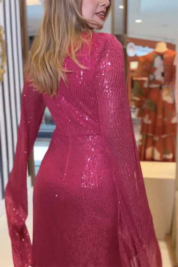 Women Fashion Elegant Solid Color Sequins Dress