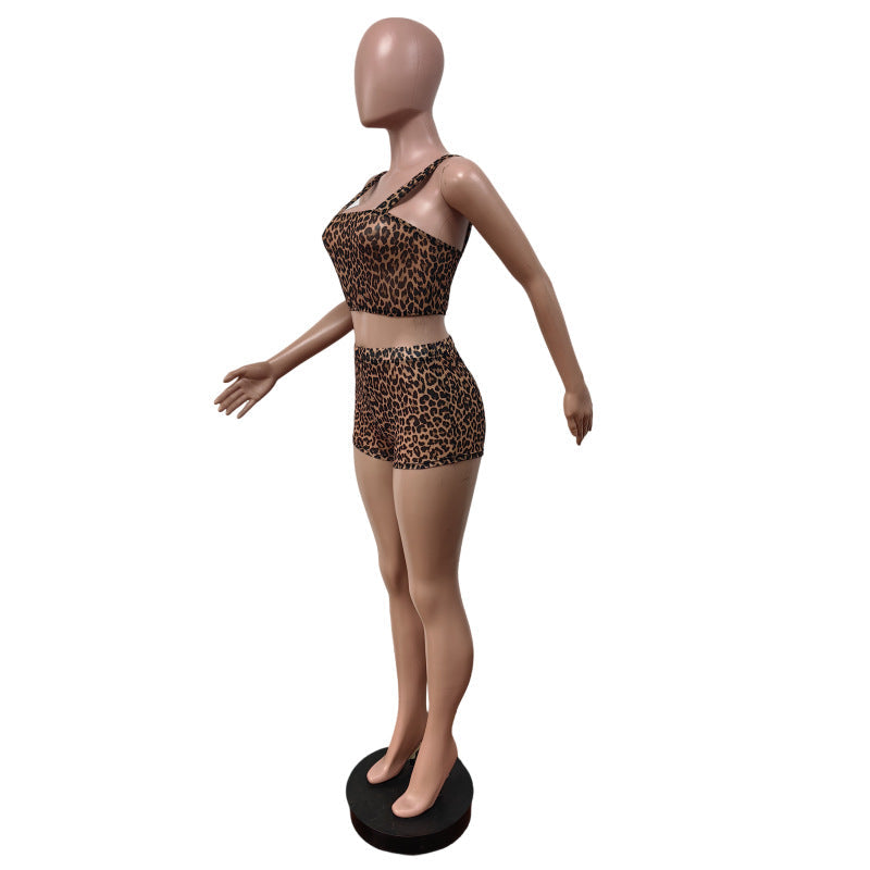 Women Fashion Sexy Leopard Mesh Tank Top Set