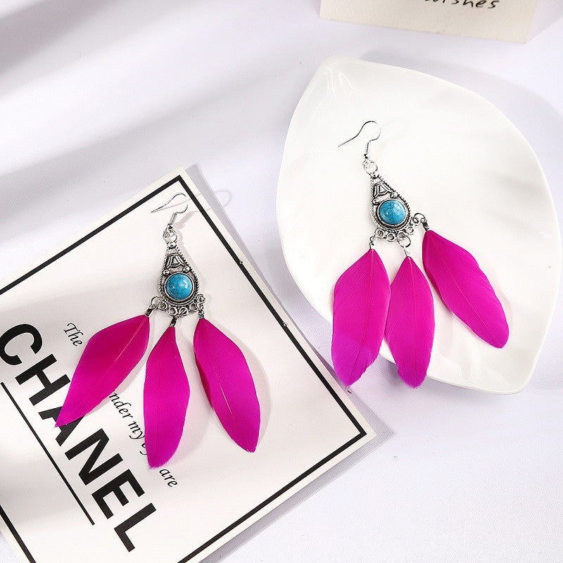 Boucles d'oreilles pendantes en plumes turquoise style bohème vintage pour femme