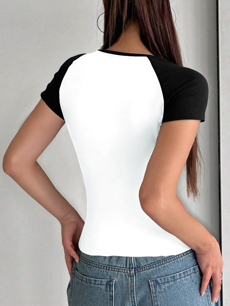 T-shirt sexy à manches courtes et col en U pour femme, couleur contrastée