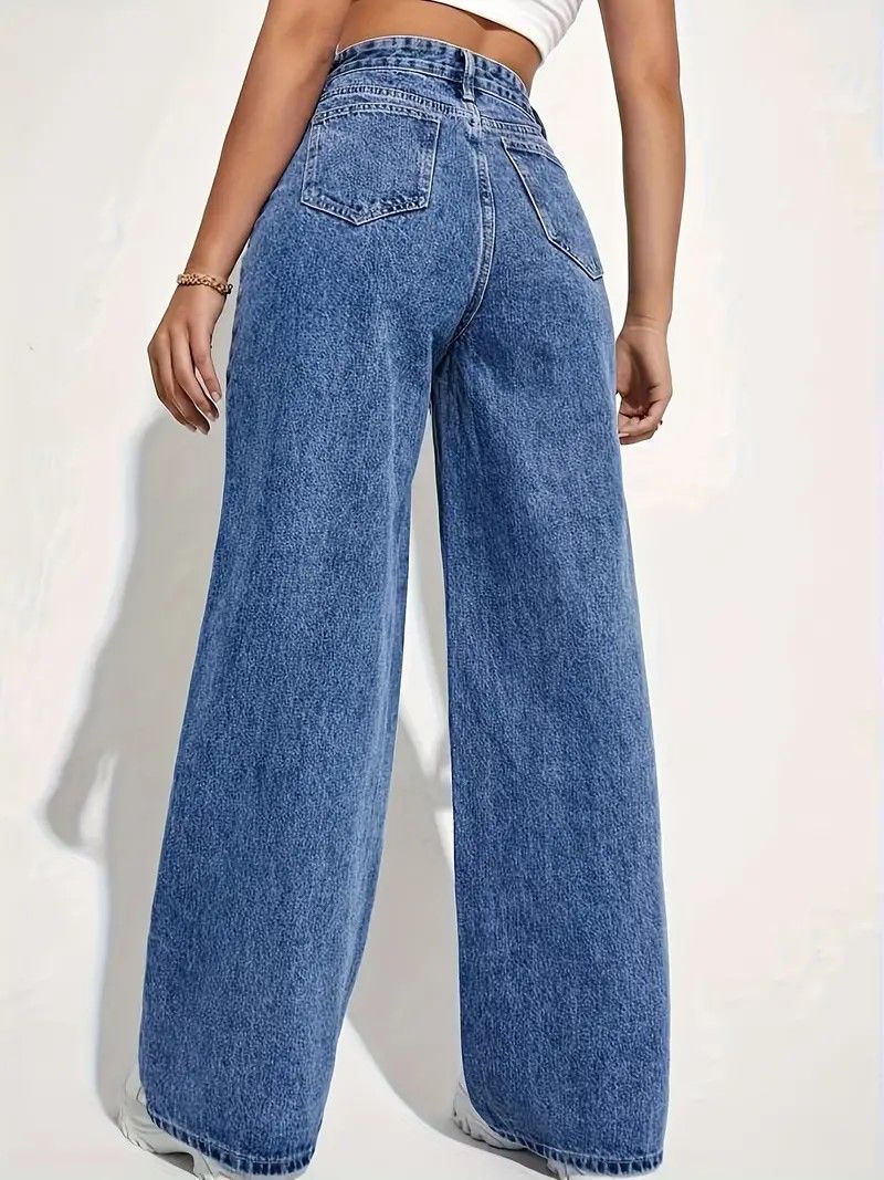 Women Fashion Casual Solid Color High Waist Jeans