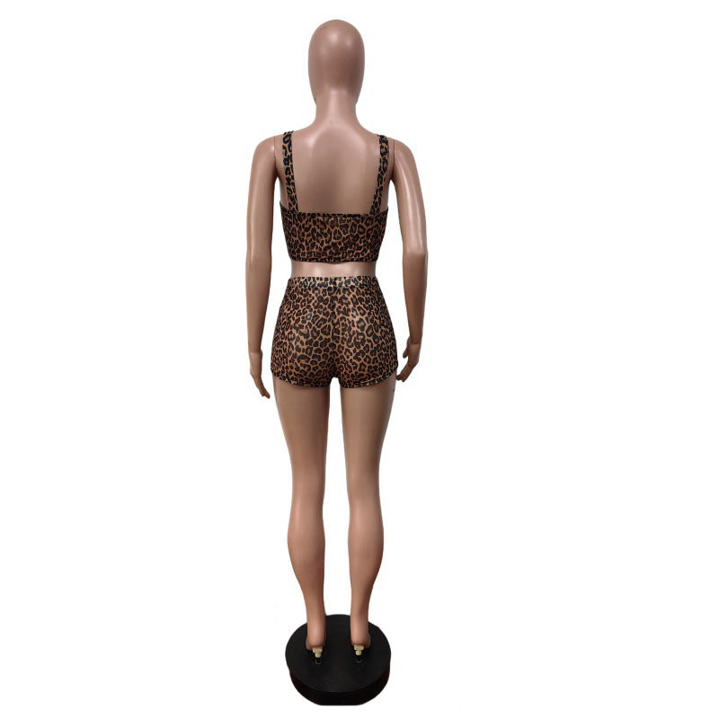 Women Fashion Sexy Leopard Mesh Tank Top Set