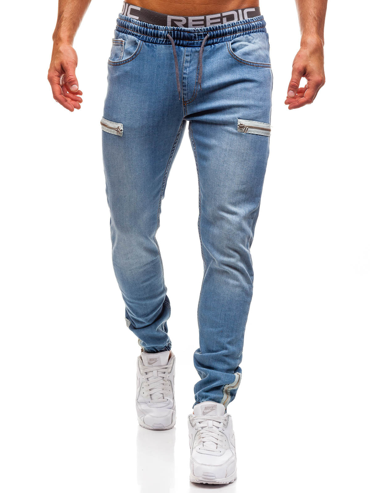 Pantalones casuales de mezclilla esmerilada con cremallera y cordón para hombre