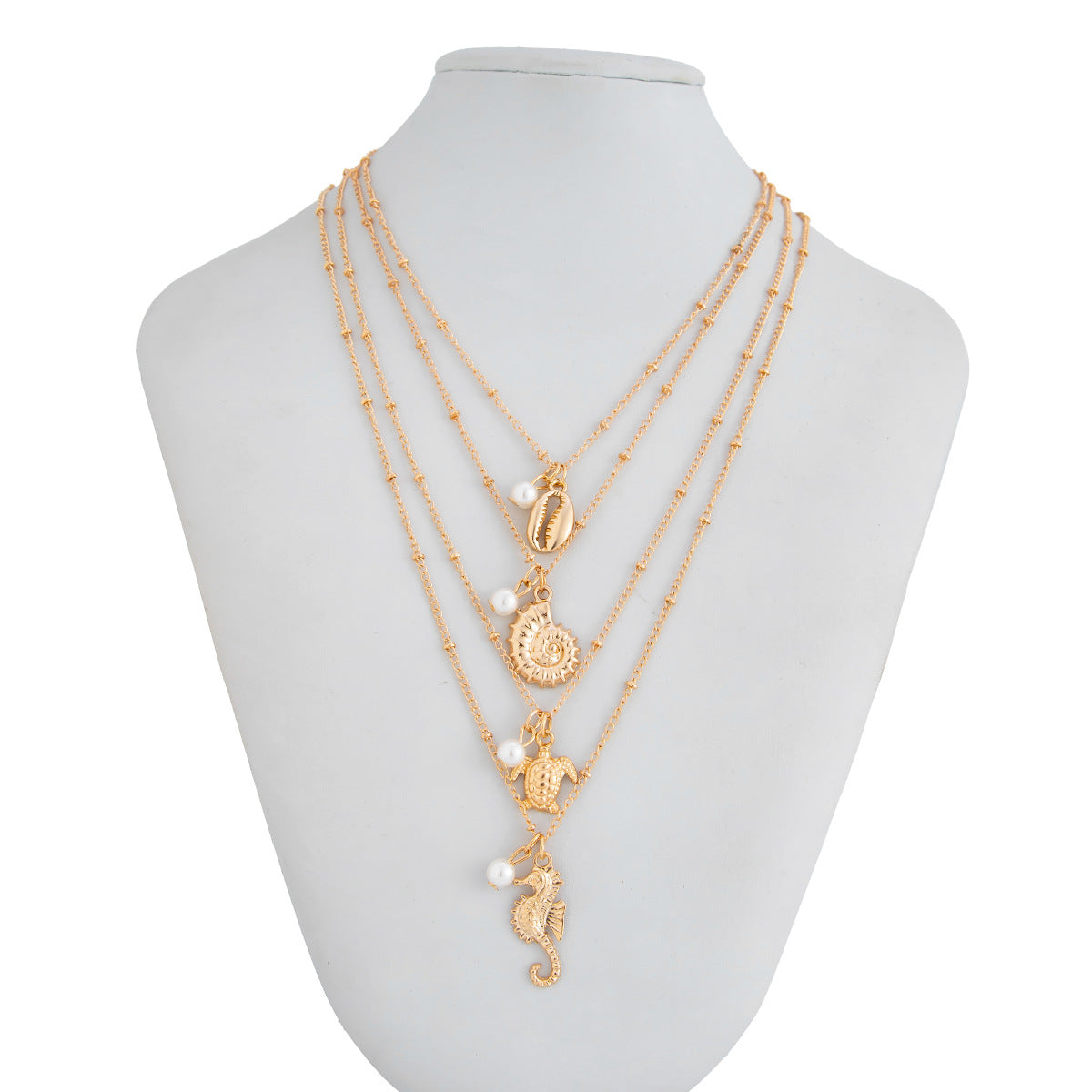 Conjunto de collar de perlas de aleación con diseño de tortuga y caballito de mar para mujer