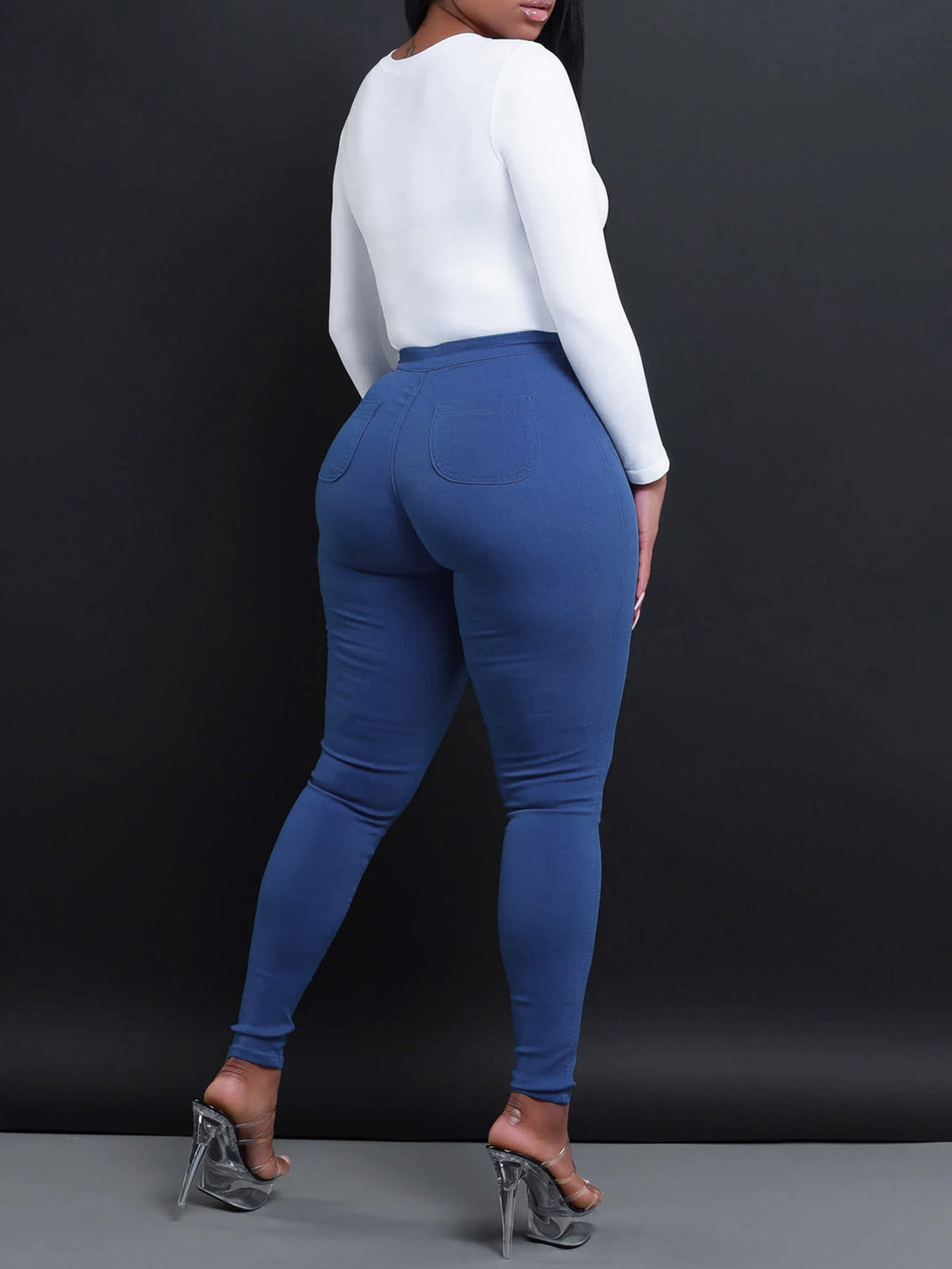 Women Fashion Solid Color Mid-Waist Tight Jeans