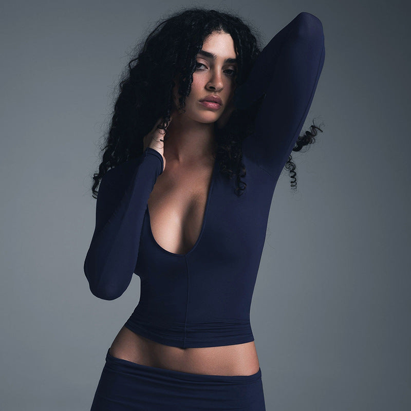 Women Fashion Casual Solid Color Deep V-Neck T-Shirt