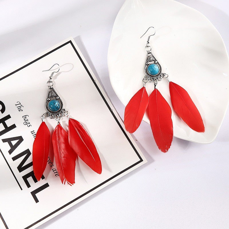 Boucles d'oreilles pendantes en plumes turquoise style bohème vintage pour femme