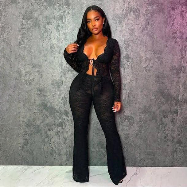 Conjunto de top de manga larga y pantalón ajustado con encaje calado para mujer