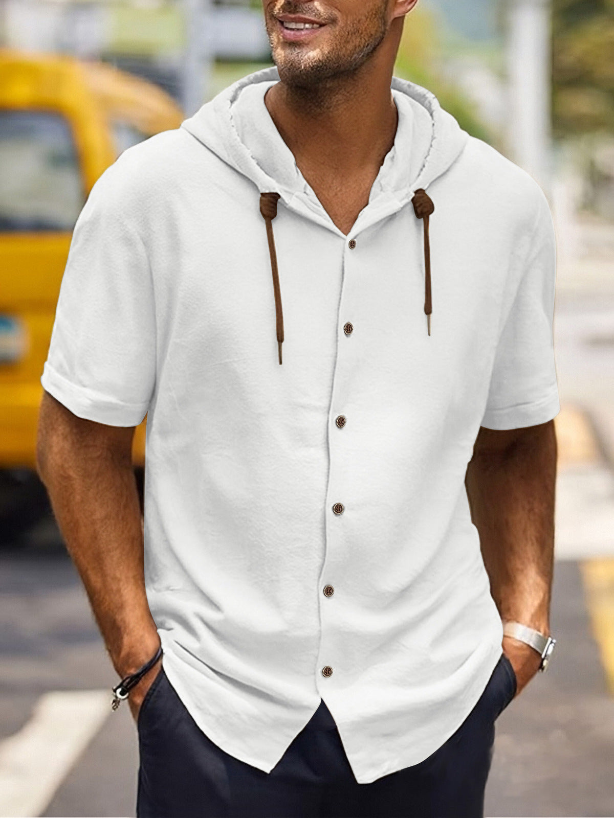 Sudadera con capucha informal de algodón y lino de manga corta para hombre, tendencia que combina con todo.