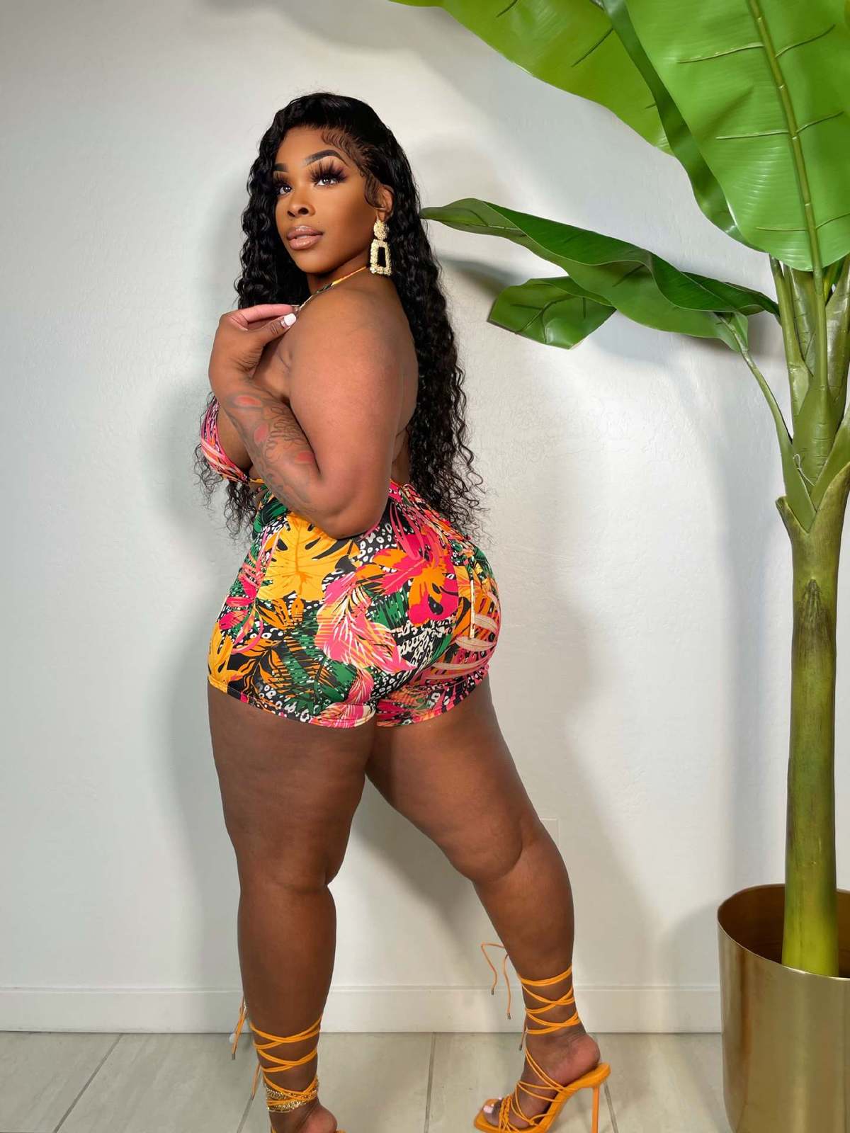 Ensemble deux pièces imprimé dos nu grande taille pour femme