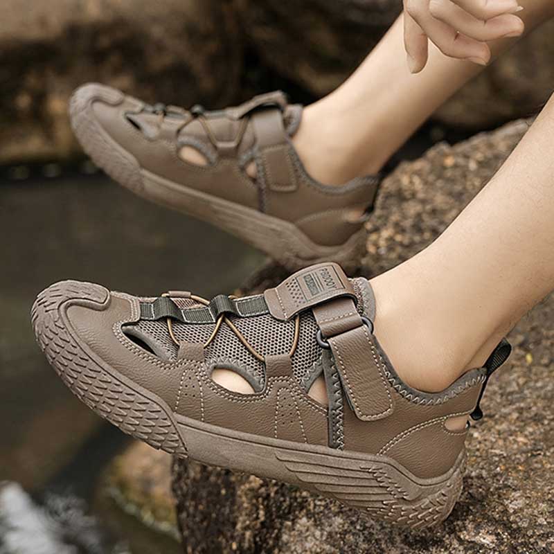 Sandales plates à enfiler pour homme, style plage, avec doublure en maille et scratch