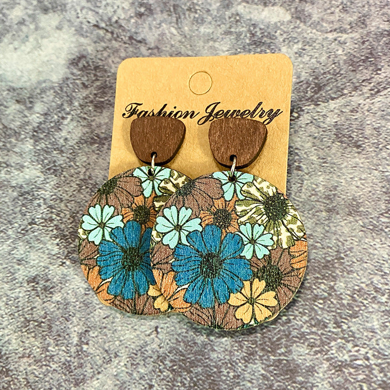 Boucles d'oreilles bohèmes rétro en bois avec coutures florales