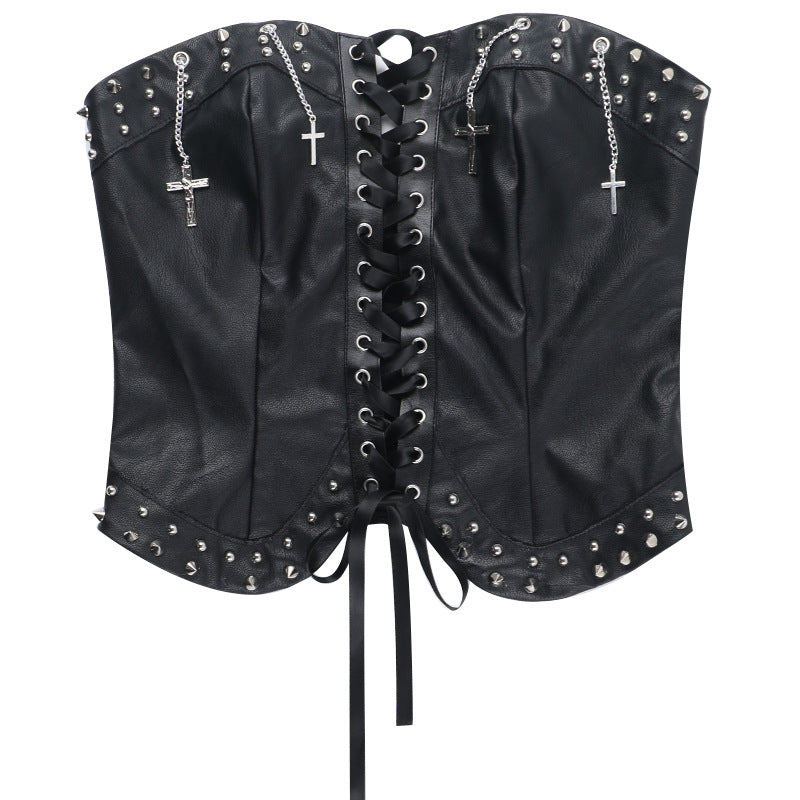 Top de tubo de poliuretano con remaches, sin tirantes, estilo gótico punk oscuro