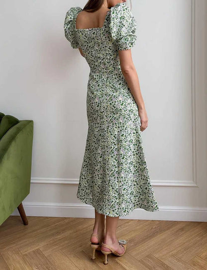 Elegant Floral Print Square Neck Midi Dress