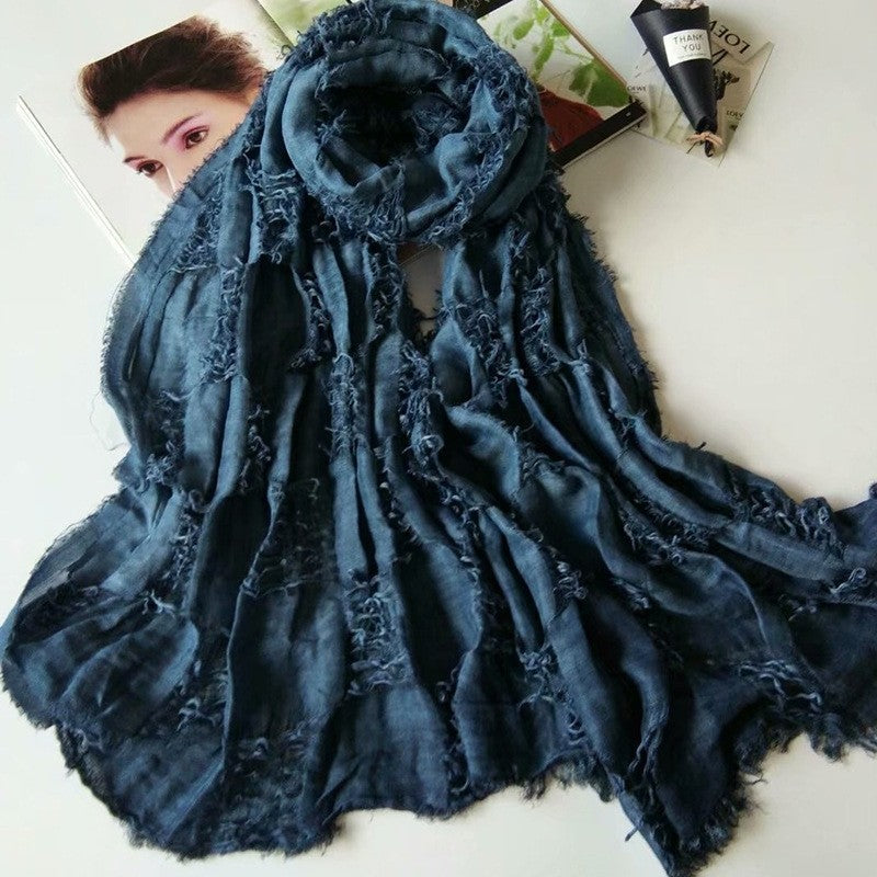 Solid Tassels Hole Cotton Blend Scarf