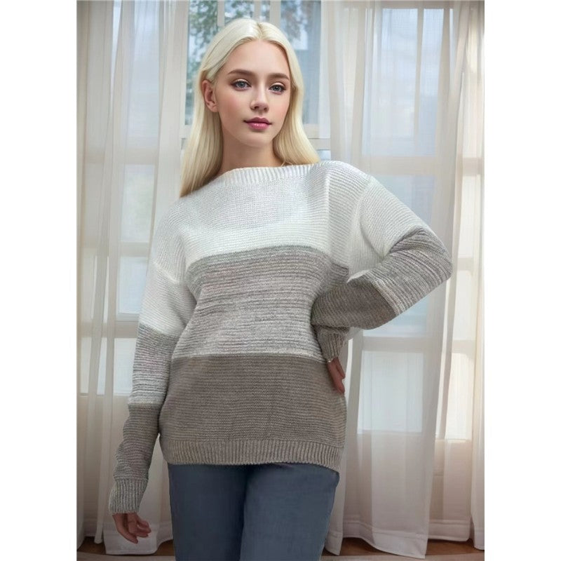 Knitted Sweater Color Block Round Neck Long Sleeve