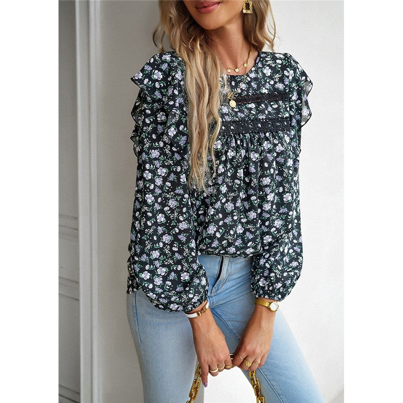 Round Neck Long Sleeve Floral Shirt
