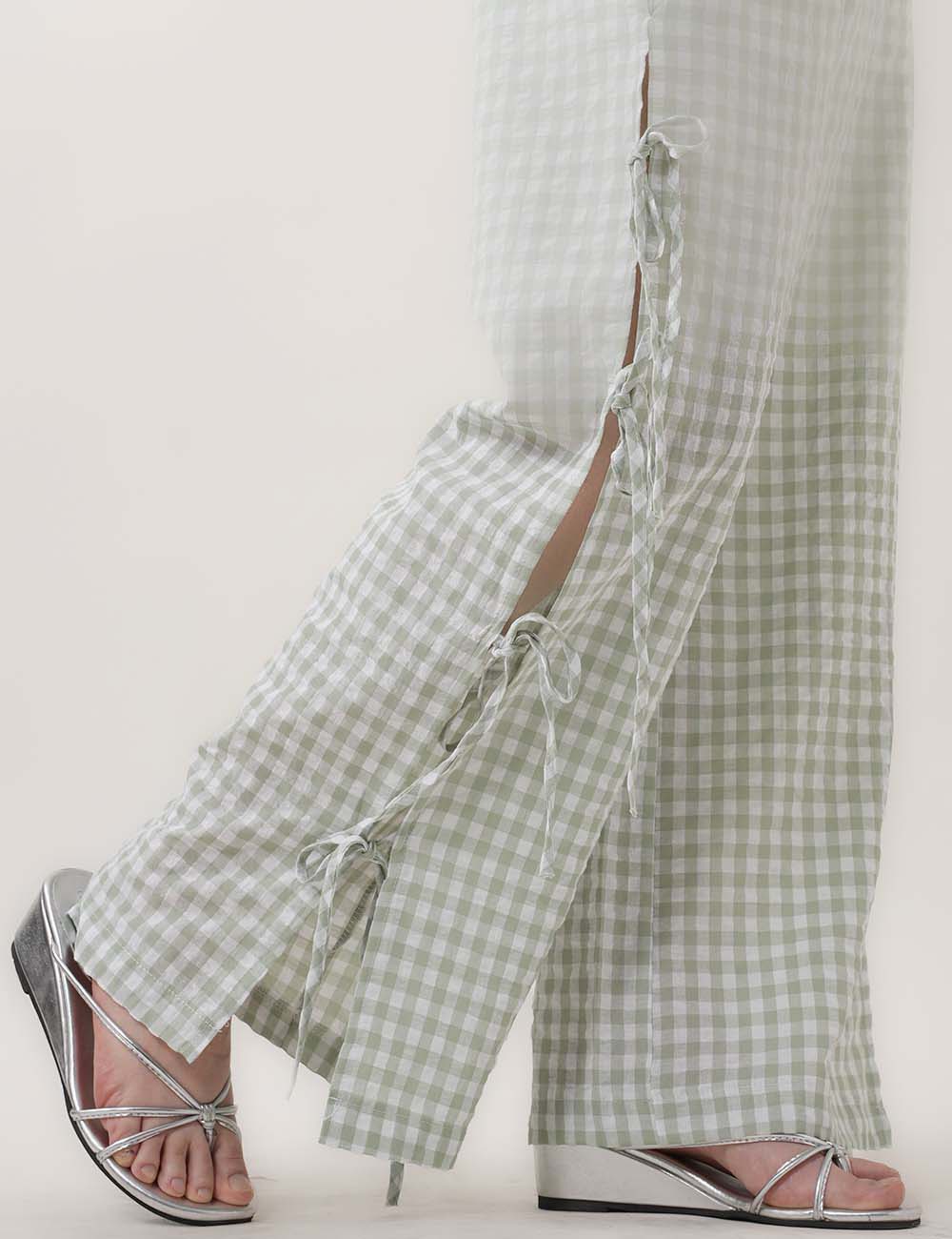 Bow Side Split Plaid Casual Pants