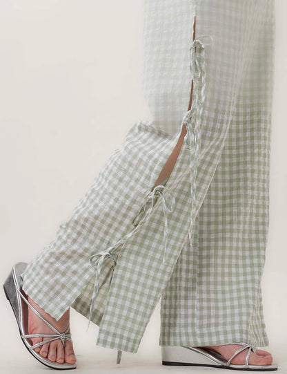 Bow Side Split Plaid Casual Pants