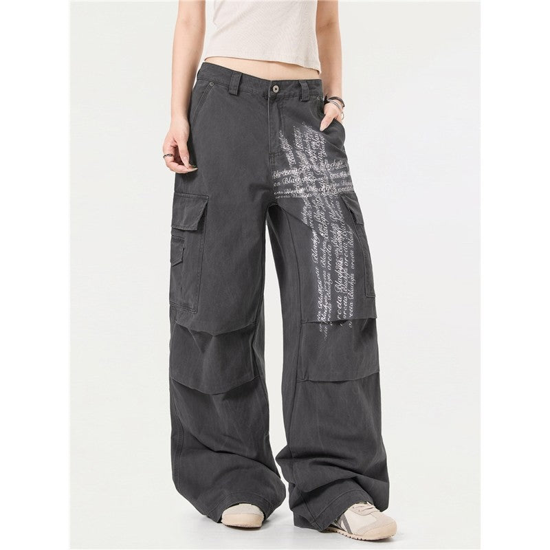 Printed Cargo Pants Retro Pleated Unisex