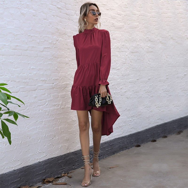 Solid Color Long Sleeve Irregular Half Turtleneck Dress