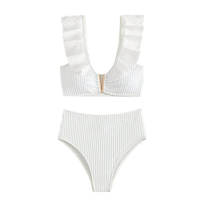 High Waist Solid Color Bikini With V Neck And Ruffle