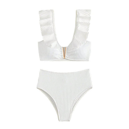 High Waist Solid Color Bikini With V Neck And Ruffle