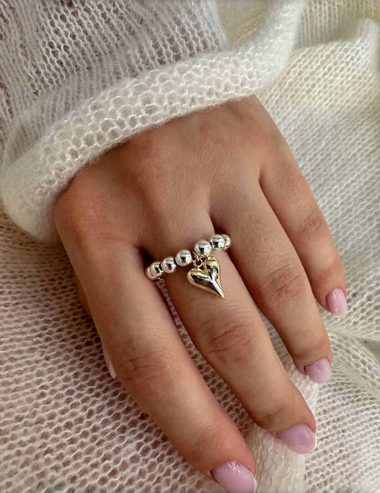 Vintage Beaded Heart Pendant Elastic Ring