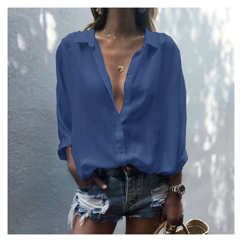 Ladies Deep V Neck Button Chiffon Shirt