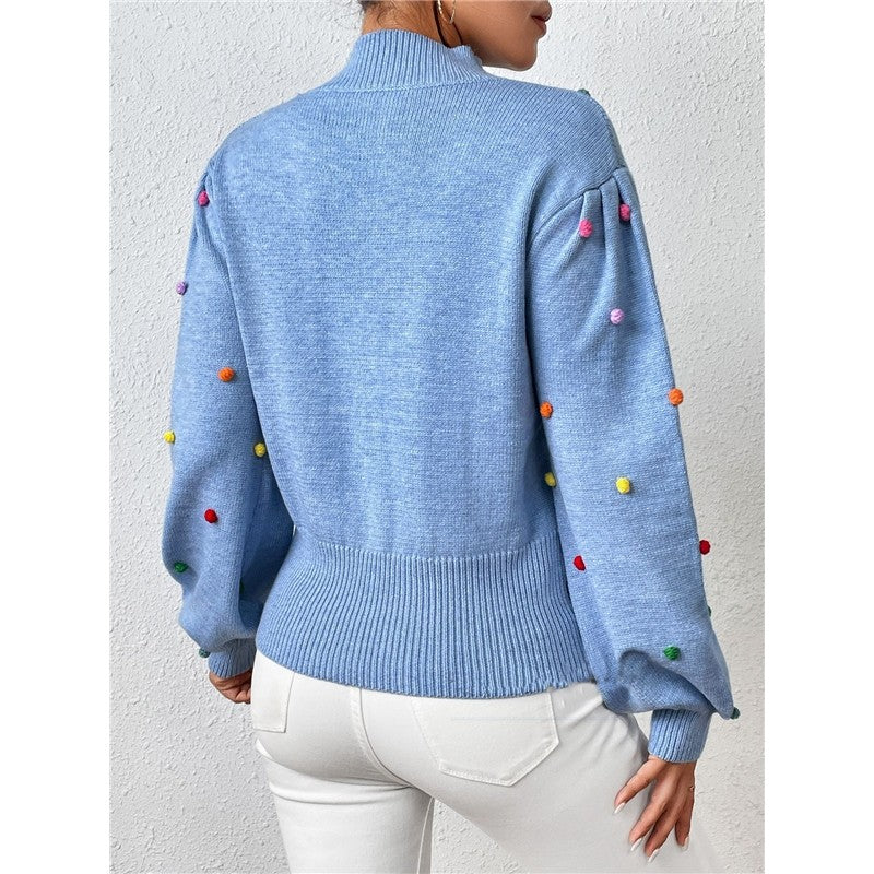 Long Sleeve Crewneck Colorful Balls Embellished Casual Knitted Sweater