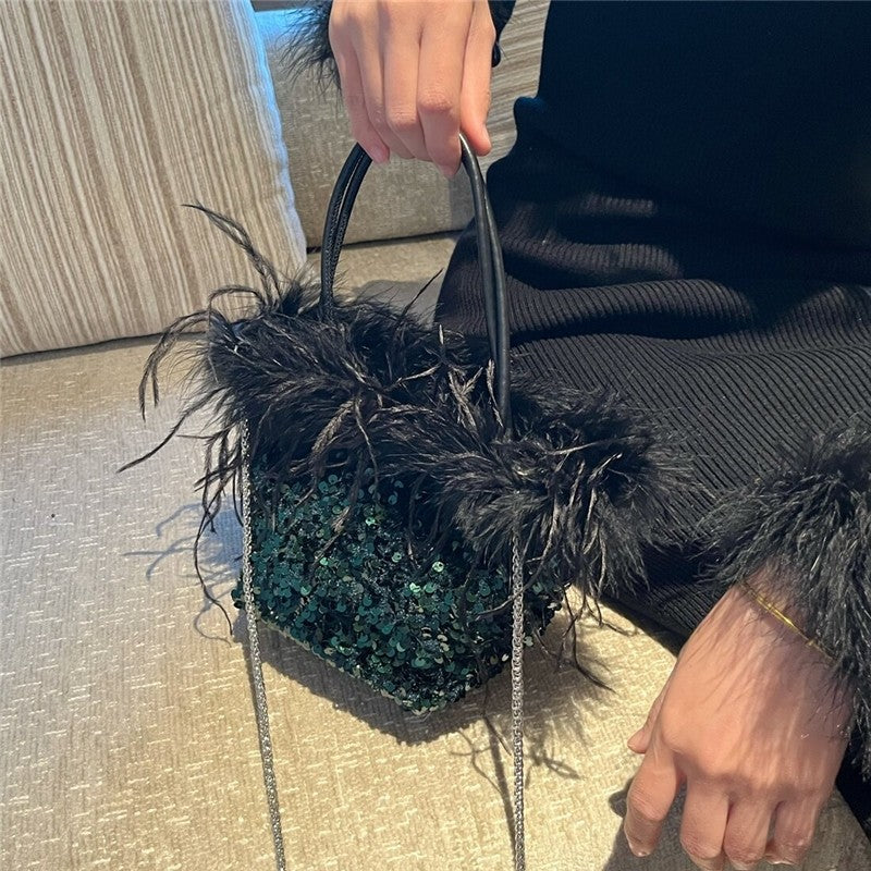 Feather Sequin Evening Clutch Bag