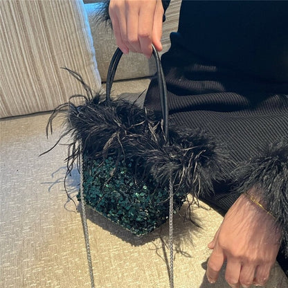 Feather Sequin Evening Clutch Bag