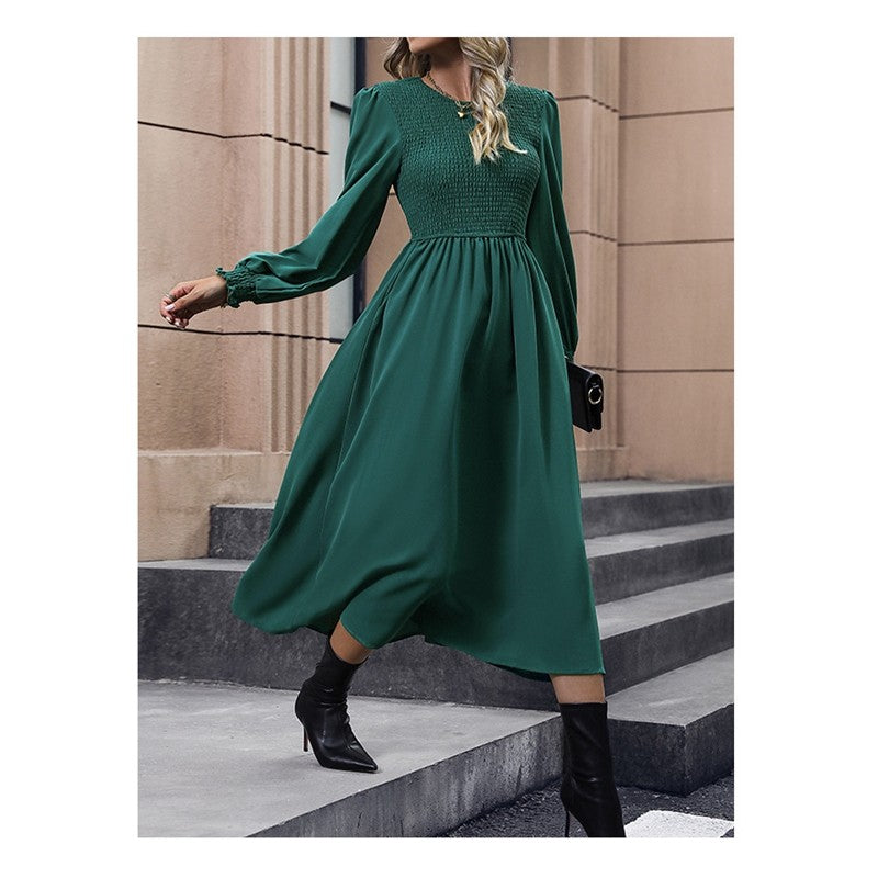 Solid Color Lantern Sleeve Waist Long Dress