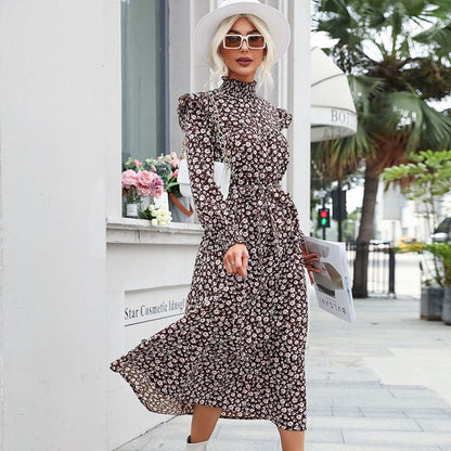 High Neck Petal Sleeves Lace-Up Printed Long Dress