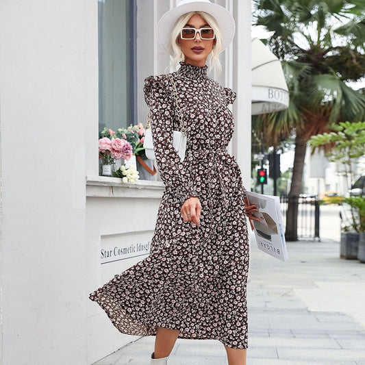 High Neck Petal Sleeves Lace-Up Printed Long Dress