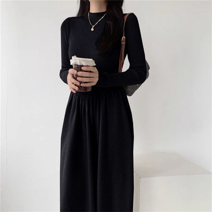 Semi-High Neck Midi Sweater Dress With Waist Tuck Design